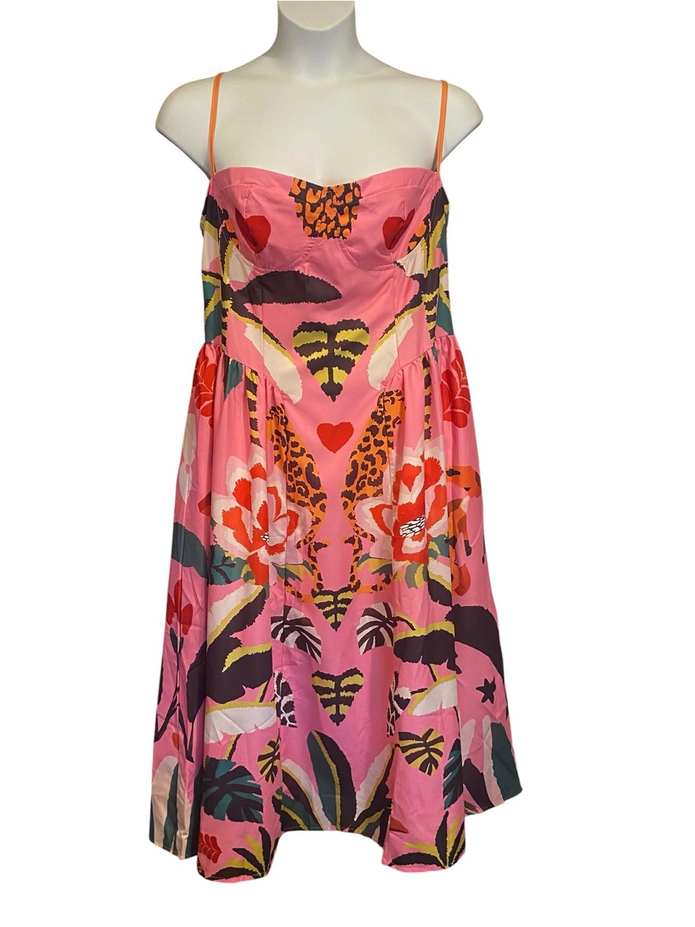 Nice To Meet You Floral Heart Tropical Print Pink Midi Dress Womens Size 2XL